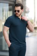 Erkek Yakalı Fermuarlı T-shirt Pantolon Ikili Rahat Takım resmi